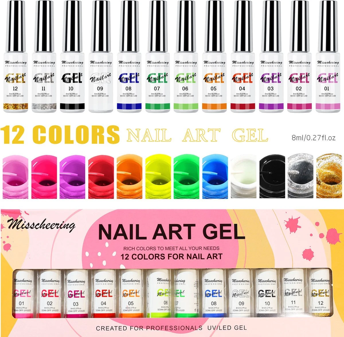 Nail Art Gel - Fine Liner Gel - 12 Stuks - UV/LED Gel - Gellak - Nagel Gellak - UV/LED Lamp - UV/LED Nageldroger - Gelnagels - Nepnagels - Acrylnagels - Tekenpenseel Nagels - Professioneel - Hoge Kwaliteit 3 Nail Art Gel - Fine Liner Gel - 12 Stuks - UV/LED Gel - Gellak - Nagel Gellak - UV/LED Lamp - UV/LED Nageldroger - Gelnagels - Nepnagels - Acrylnagels - Tekenpenseel Nagels - Professioneel - Hoge Kwaliteit