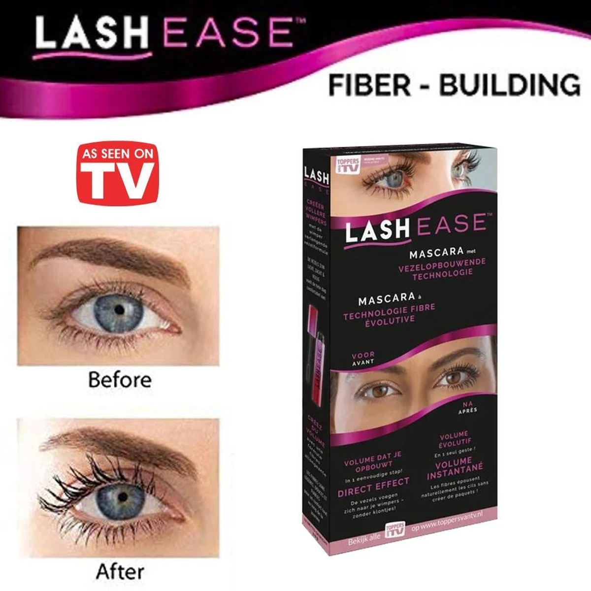 Toppers Van Tv - Lash Ease Vezelopbouwende Mascara - Zwart 3 Toppers Van Tv - Lash Ease Vezelopbouwende Mascara - Zwart