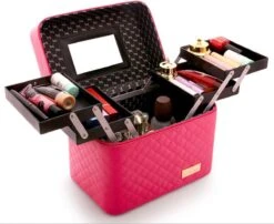 A&K Make Up Koffer | Uitklapbaar | 5 Opbergbakken | Reis Travel Case | Met Spiegel | Roze